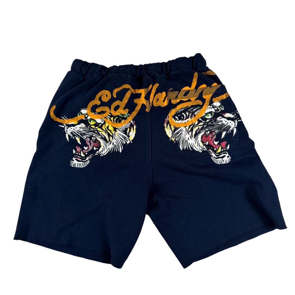 SOLD***Y2k Ed Hardy Fleece Shorts Tiger Logo Script Navy Blue Men’s Size Med